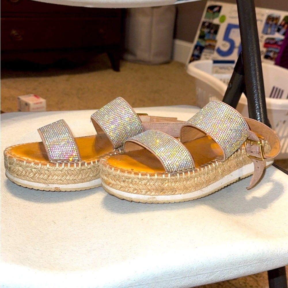 Platform espadrille sandals with rhinestone straps